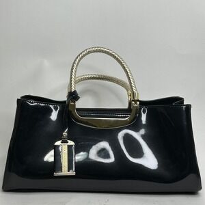 Black Patent Faux Leather East West Satchel Bag Handbag Gold Woven Handles Zip